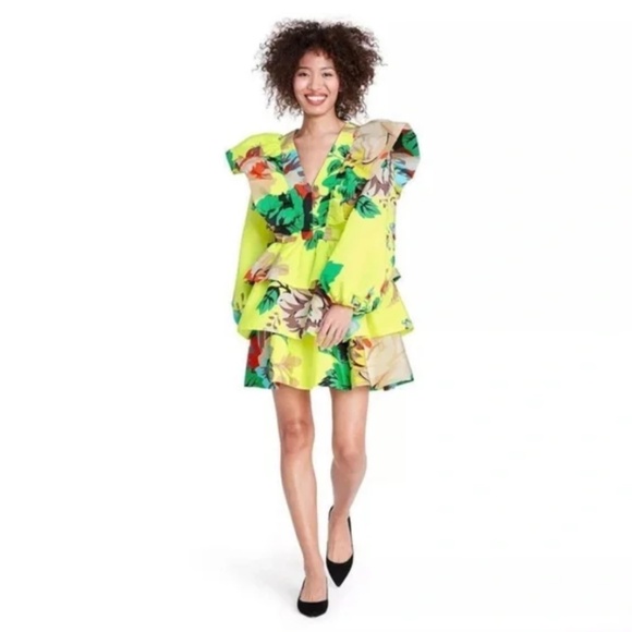Christopher John Rogers x Target Lime Green Yellow Puff Long Sleeve Tiered Mini - Picture 1 of 5